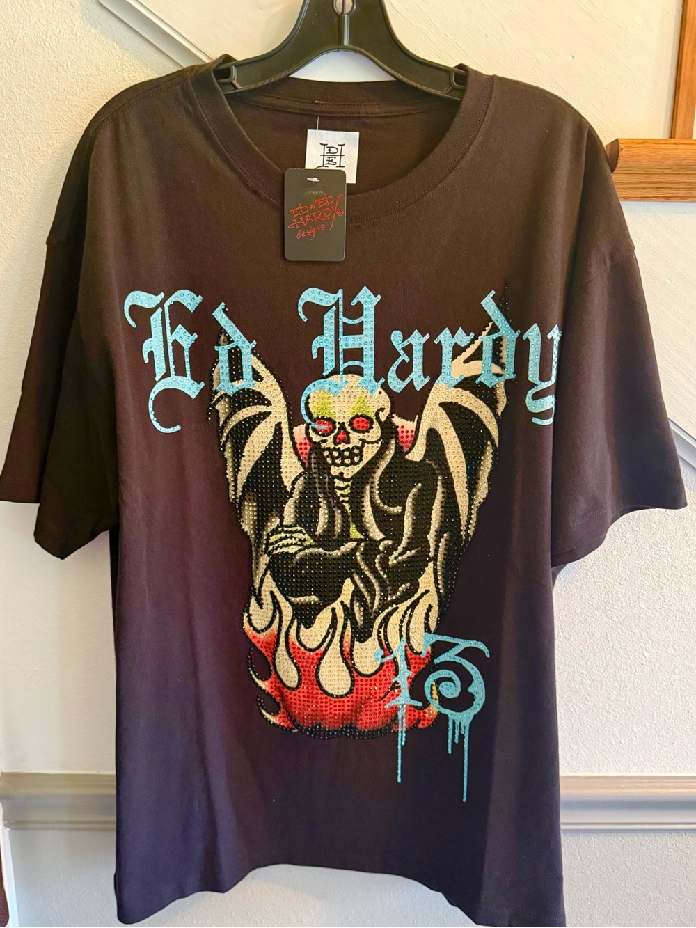 Ed Hardy rhinestone Short-Sleeve Tee with Turquoise Logo and Red Flame Skull